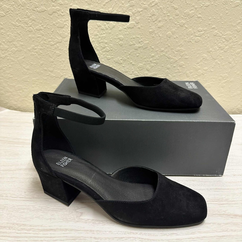 NEW! EILEEN FISHER Veery Suede Ankle Strap Block Heel Pump Leather Size 7.5